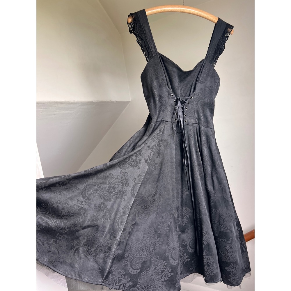 H&R London Dress 18 Black Paisley Lace Up Goth Rockabilly Pinup Whimsigoth